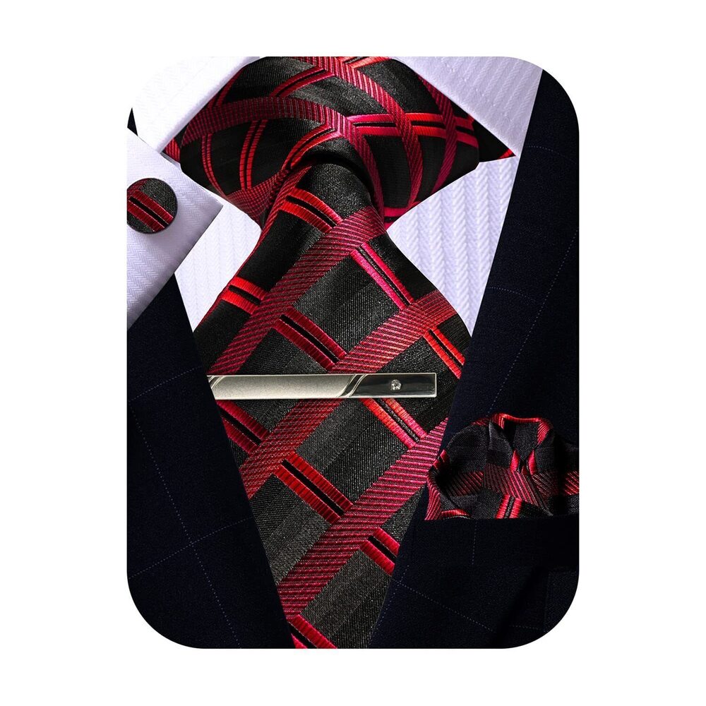 9941 Red Black Tie Set , Silk Plaid Tie Pocket Square Cufflinks
